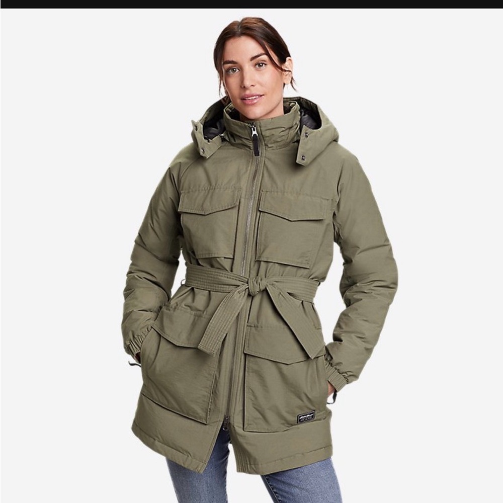 Eddie Bauer Women’s Tall Olive Green Hooded Parka Jacket with Belt *Like New*
